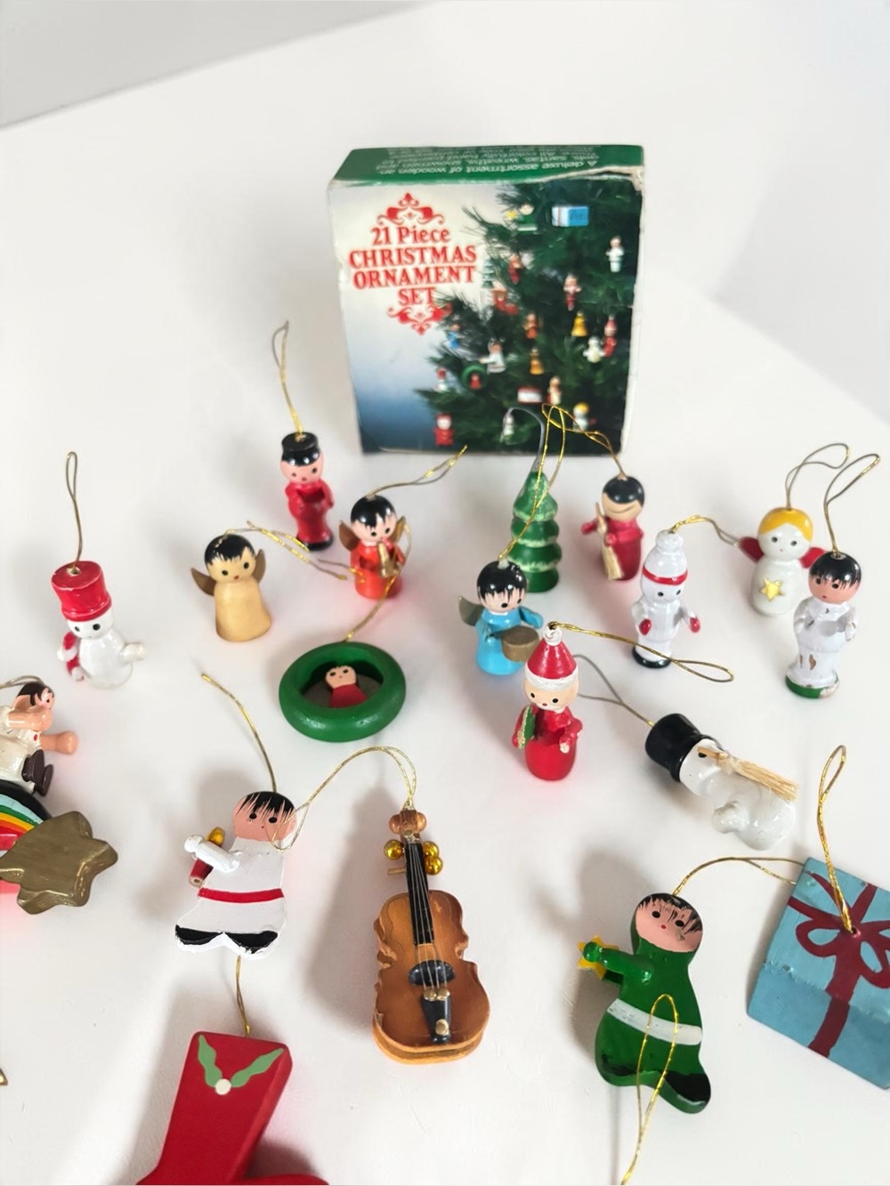 Vintage 21 Piece Wooden Christmas Ornaments Set Jay Norris Taiwan Original Box